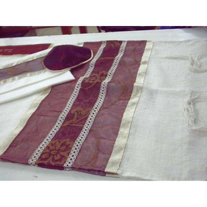 Women’s Tallit with Burgundy and Floral Pattern by Galilee Silks