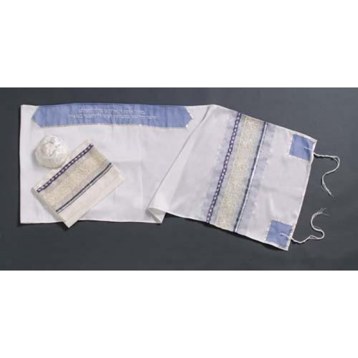 White Women’s Tallit with White Lace and a Blue Atarah by Galilee Silks