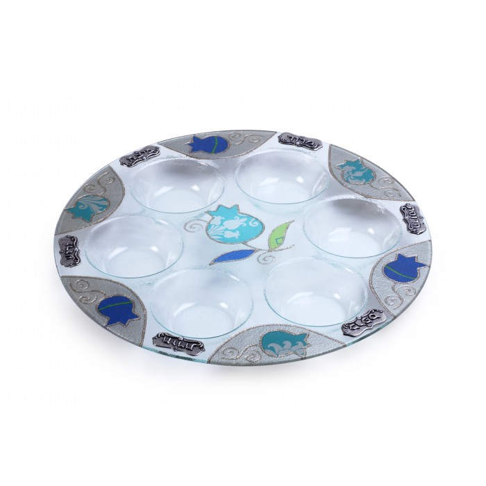 Glass Passover Seder Plate with Plaques and Blue Pomegranates