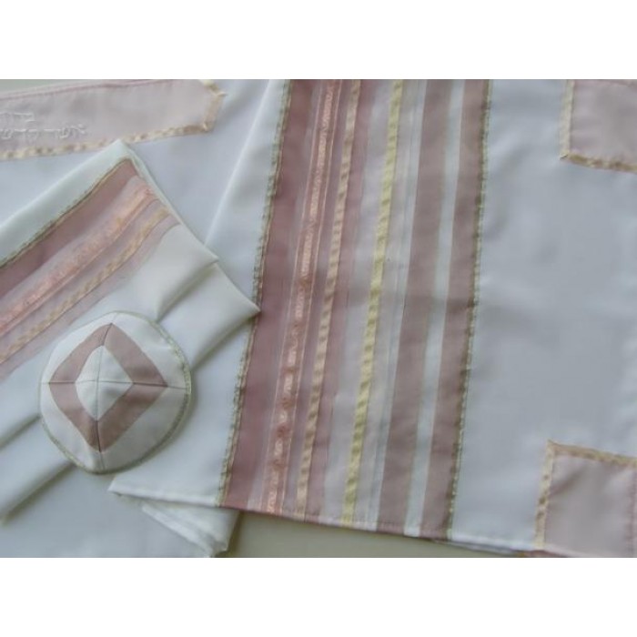 White Women’s Tallit with Dusty Pink Stripes and Ribbon by Galilee Silks