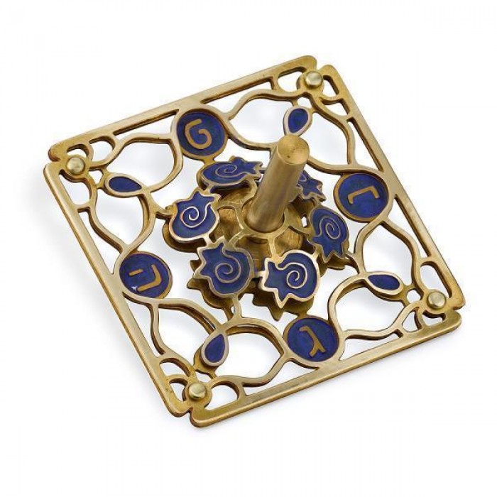 Square Brass Dreidel with Dark Blue Pomegranates, Circles and Hebrew Text
