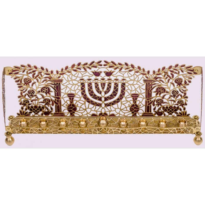 Brass Hanukkah Menorah with Red Menorah, Pomegranates and Temple Design