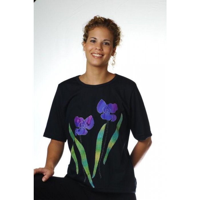 Black T-Shirt with Purple Irises by Galilee Silks