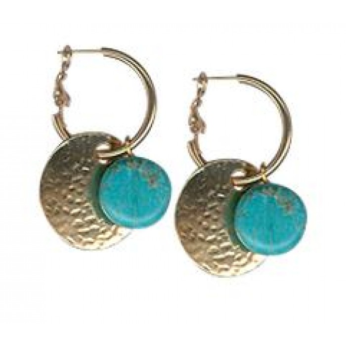 Gold Hoop Earrings with Hammered Circle & Turquoise Bead