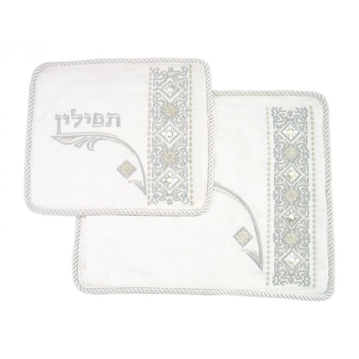 28x35cm Elegant White Tallit Bag Set with Floral Pattern and Silver Plates