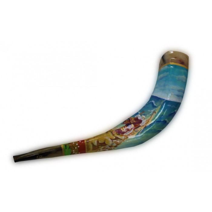 Ram Horn Shofar with Oil Painting of Moses Parting the Red Sea