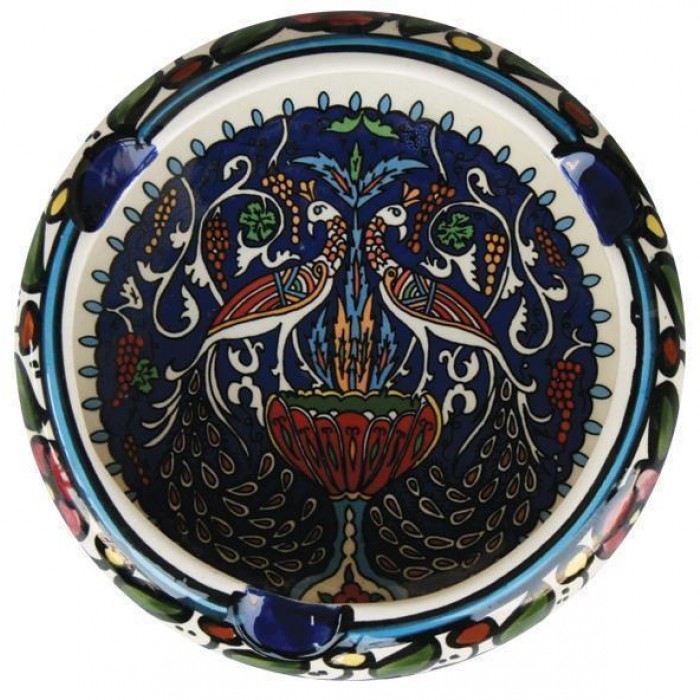 Armenian Ceramic Round Ashtray with Colorful Grape & Peacock Motif 