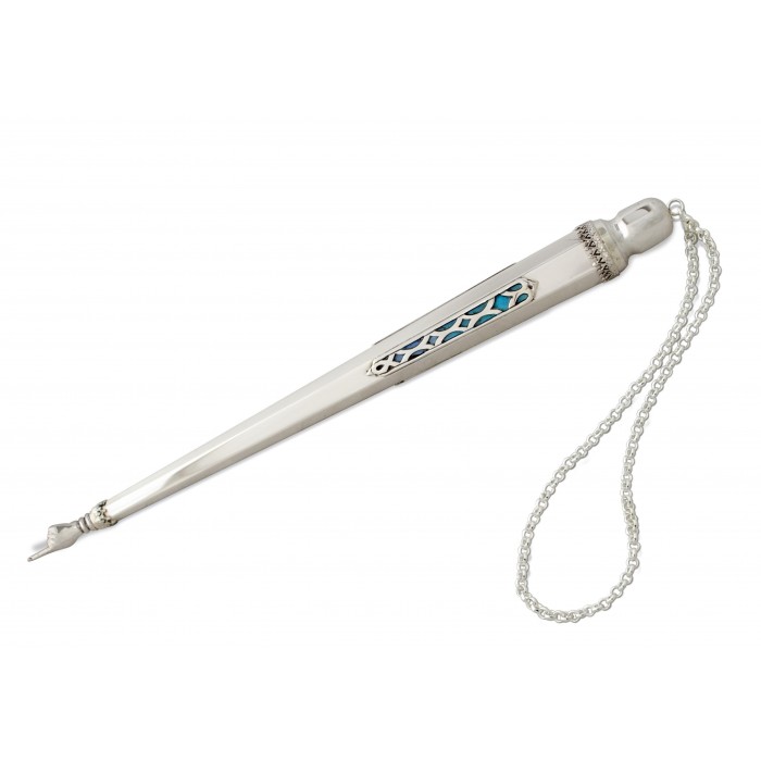 Torah Pointer in Sterling Silver with Blue Enamel & Silver Ornament by Nadav Art