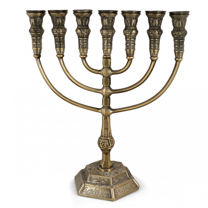 Menorah with Seven Branches and Jerusalem Decorations