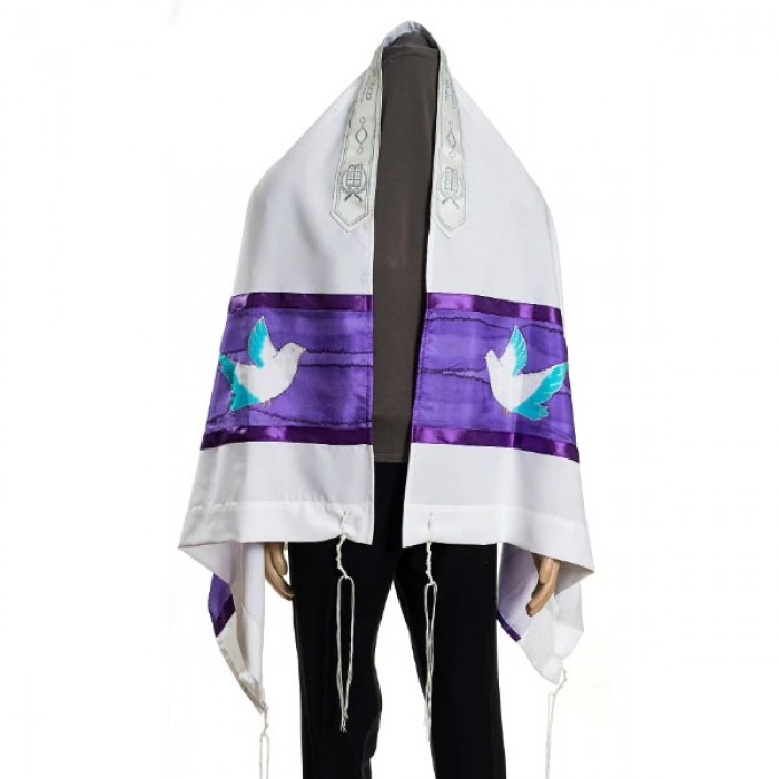White Tallit with Blue Stripe and Doves by Galilee Silks