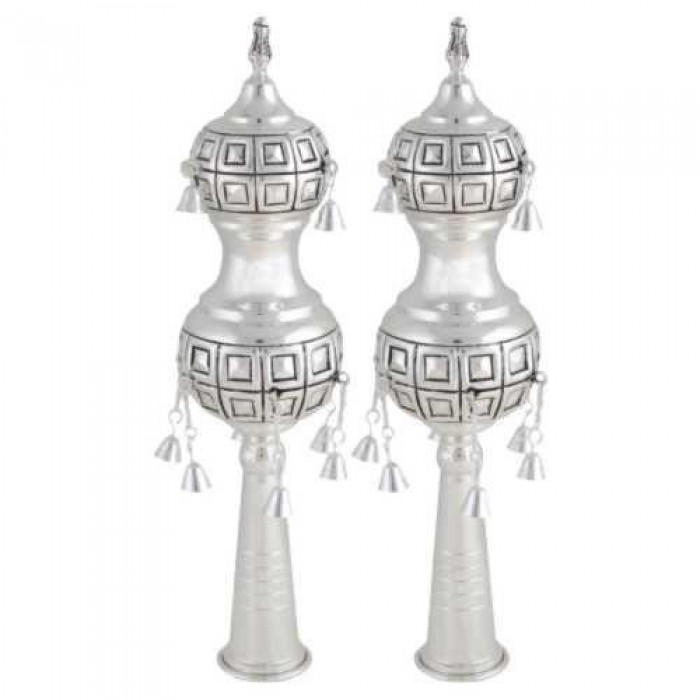 Silver-Plated Torah Scroll Rimonim With Square Pattern and Bells