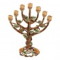 24k Gold Plated 7 Branch Menorah with Brown Flowers and Emerald Crystals
