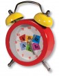 Red and Yellow Alarm Clock with ‘Israel’ in English Letters and Bright Squares