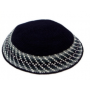 15cm DMC Knitted Kippah in Blue with Grey, Green and White Geometric Designs