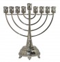 Nickel Hanukkah Menorah with Blue Stones, Floral Pattern and Curved Branches