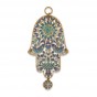 Brass Hamsa with Turquoise & Blue Doves, Hearts, Flowers and Geometric Shapes